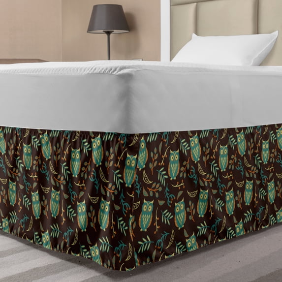 Owl Print Bed Skirt, Night Birds Leaves Berries Warm Autumn Colors Cartoon, Elastic Bedskirt Dust Ruffle Wrap Around for Bedding Decor, 4 Sizes, Brown Green, by Ambesonne