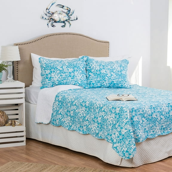 Jamaican Breeze Blue Floral King 3 Piece Quilt Set