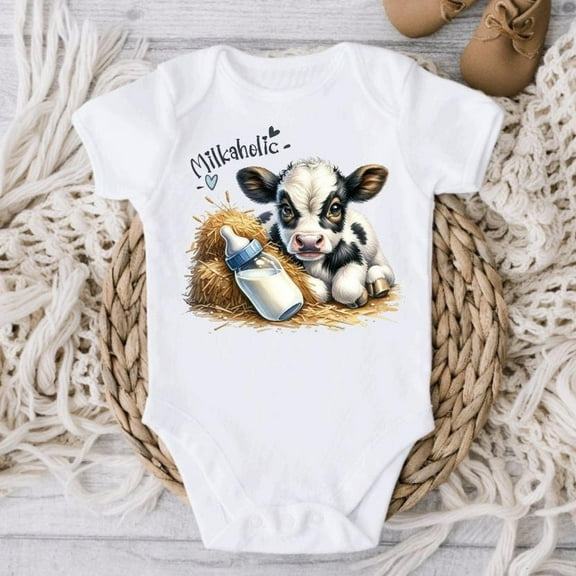 Milk O Holic Cow Baby Bodysuit, Newborn Birth Announcement, Farming Baby Holstein Calf, Loves Farm Cows Gender Reveal, Funny Shower Gift Cute Baby Onesie, BABY BODYSUIT LAT 4424