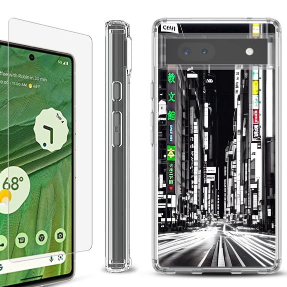 Shockproof Bumper Phone Case for Google Pixel 6a, with Tempered Glass Screen Protector, by OneToughShield ® - Tokyo Night