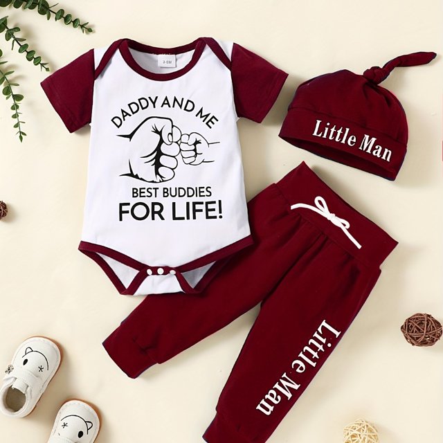 Cute & Casual "DADDY AND ME" Letter Print Outfit - Short Sleeve Onesie Romper & Pants & Hat Baby Boys Set