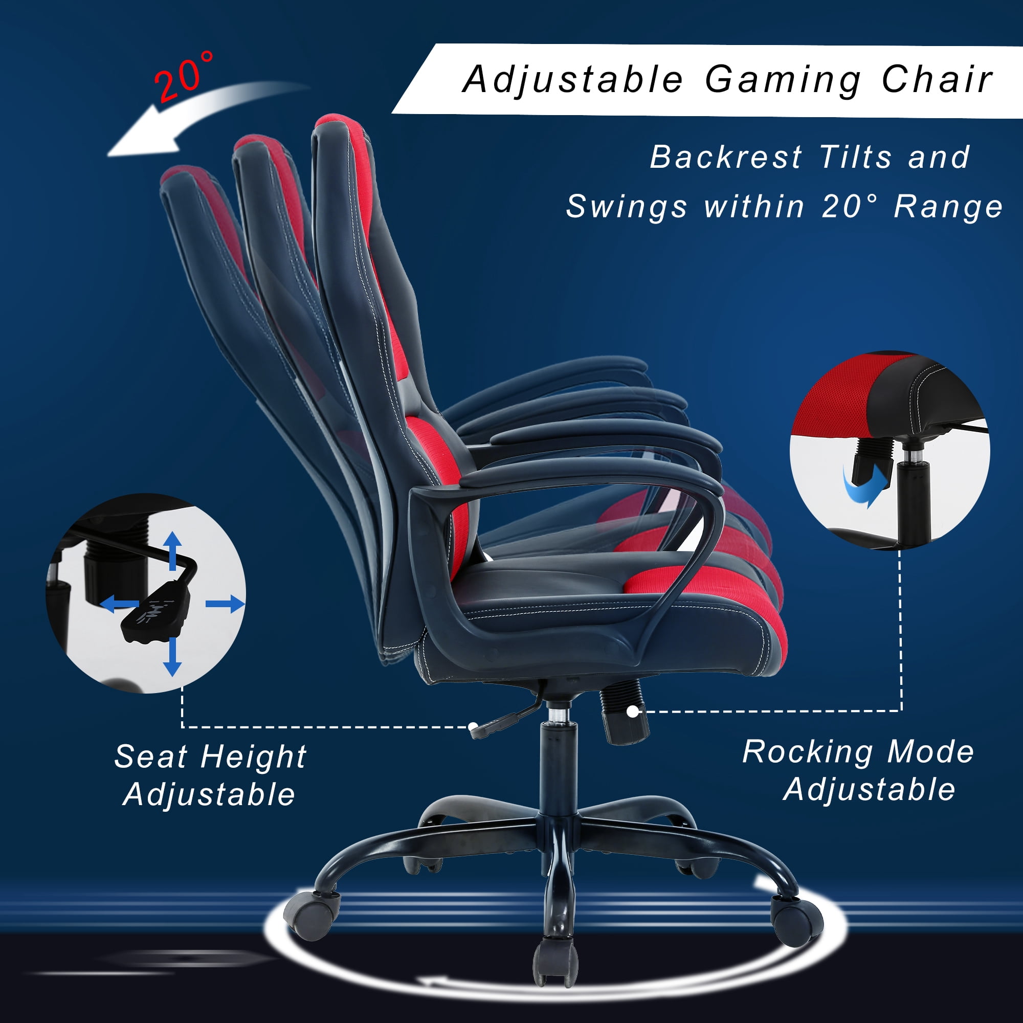 YRLLENSDAN Metal Faux Leather High Back Gaming Chairs with Lumbar Support, Red
