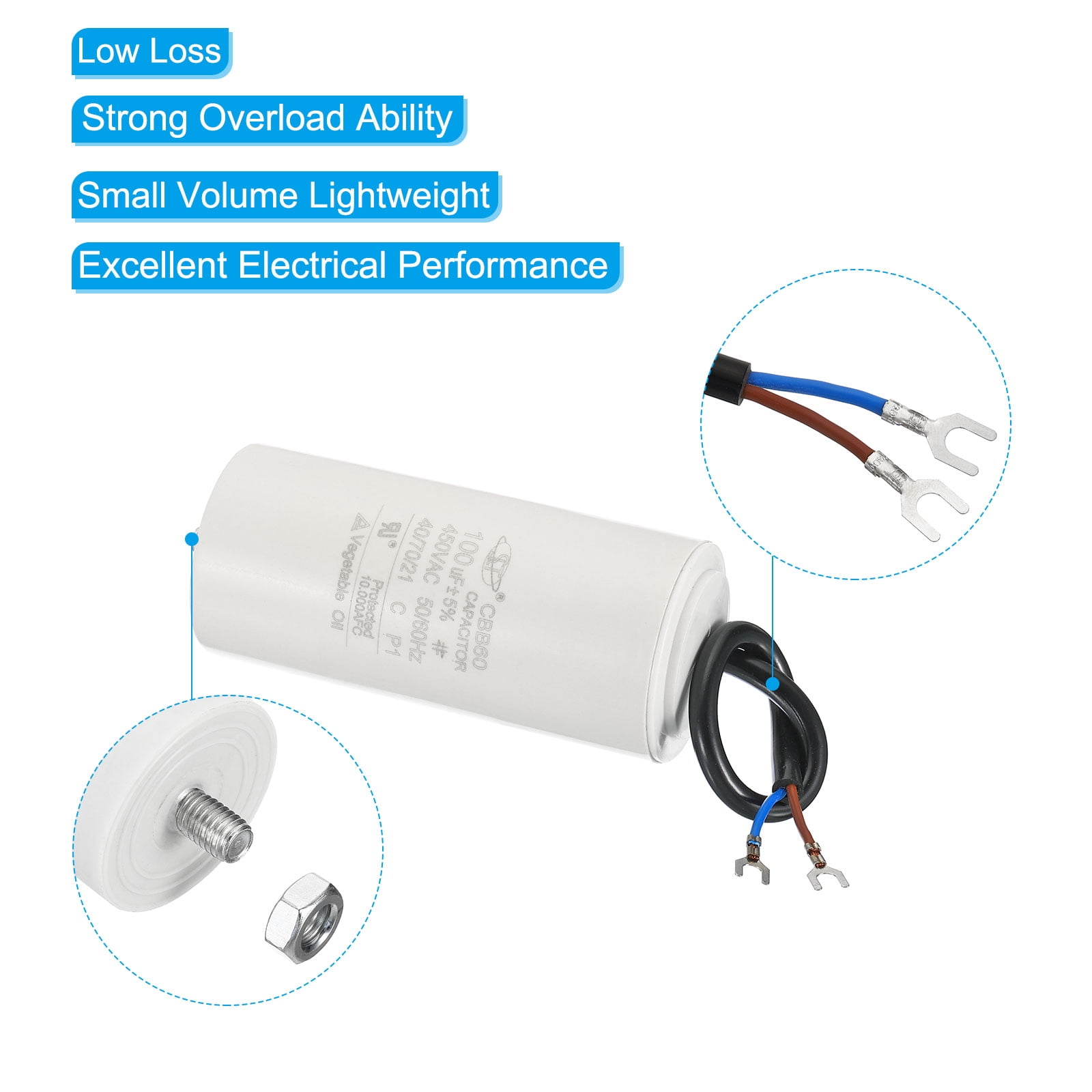 Uxcell CBB60 100uF Run Capacitor, AC450V 2 Wires 50/60Hz Cylinder with Screw 115x50mm