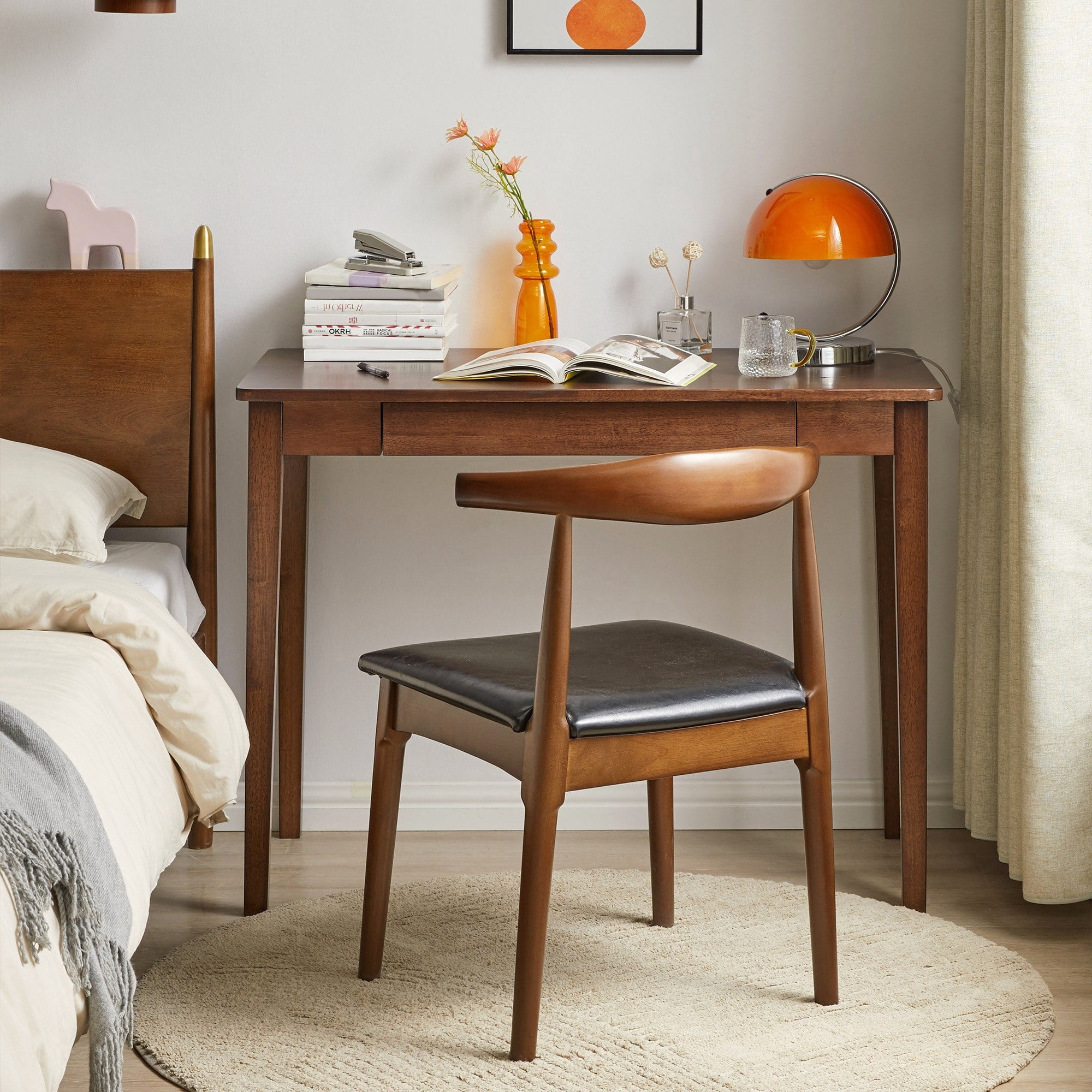Small Solid Wood Desk with Storage Drawer, Compact Home Office Writing Table for Bedroom & Small Spaces, Walnut
