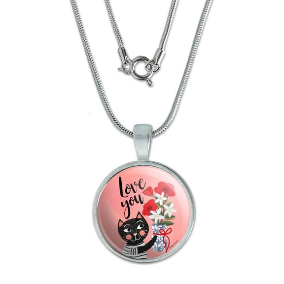 Love You Cat Flowers 0.75" Pendant with Sterling Silver Plated Chain