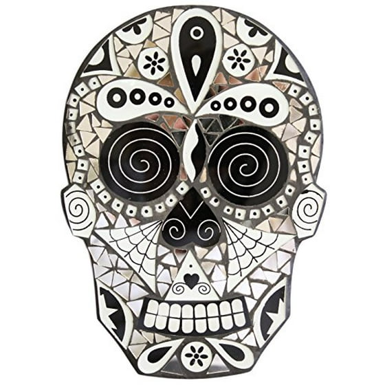 9 Inch Day Of The Dead Sugar Skull Glasirror Mosaic Wall Plaque A Blk Wht
