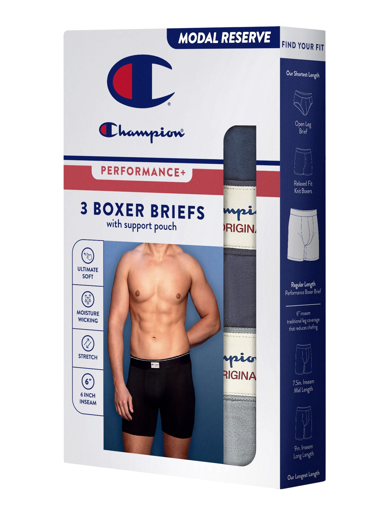 Champion Men’s Boxer Briefs – 3 Pack Performance+ Modal Underwear, Moisture-Wicking, Vintage Label, Sizes S–2XL