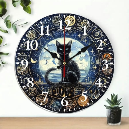 cat moon symbols Round Wooden Wall Clock for Home Decor Silent Mechanical Movement, Wall art Decor Perfect for Living Room, Dorm, Bedroom, Kitchen, Home Office & More, Wall Clock Living Room