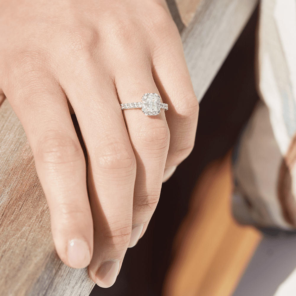 Unique Moments 1.50 ct Lab Grown Diamond Halo Emerald Engagement Ring in 14K White Gold