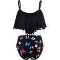 thumbnail image 4 of Women High Waisted Bikini Ruffle Swimsuit Flounce Pom Pom Trim Two Piece Bathing Suit Black Butterfly (S, 4 of 6