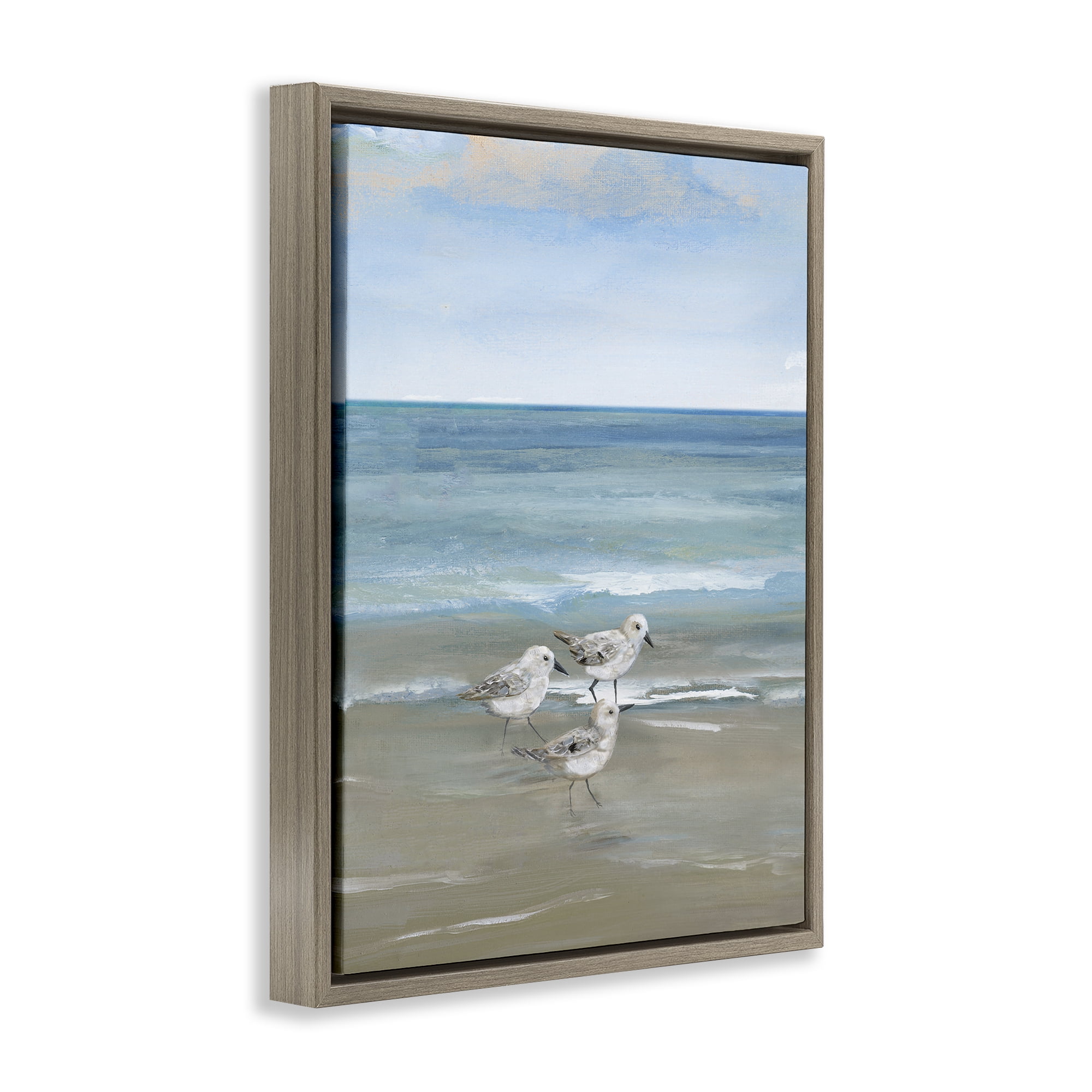 Stupell Industries Three Shorebirds & Gentle Waves Brown Framed Floater Canvas Wall Art, design by Nan