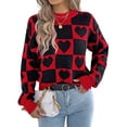 thumbnail image 2 of Womens Mock Neck Sweater Long Sleeve Block Cute Heart Knit Fall Winter Tops Ribbed Knit Pullover Sweaters Black L, 2 of 9