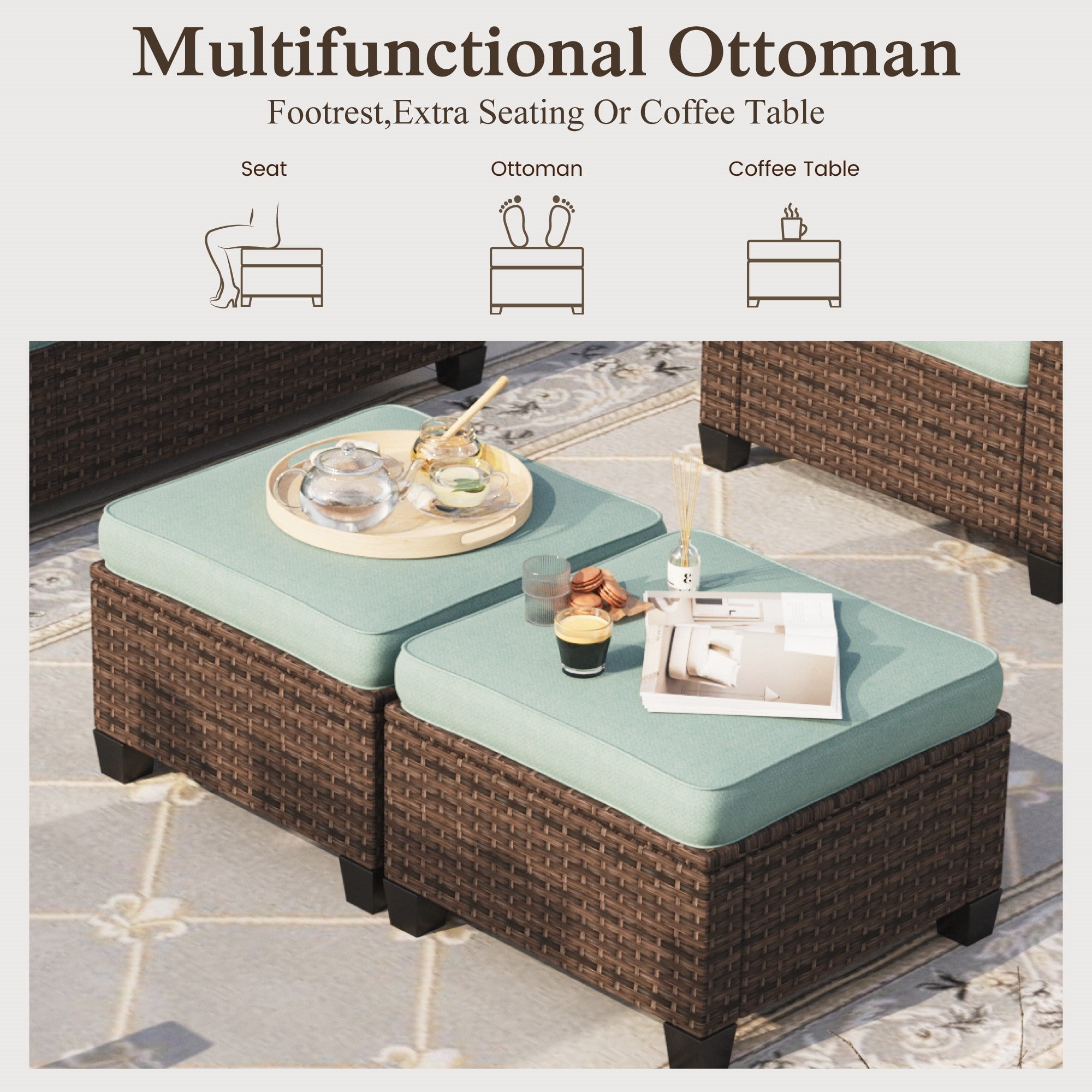 Sophia & William 3 Pieces Wicker Patio Furniture Set Outdoor Couch with 2 Ottomans and Blue Cushions
