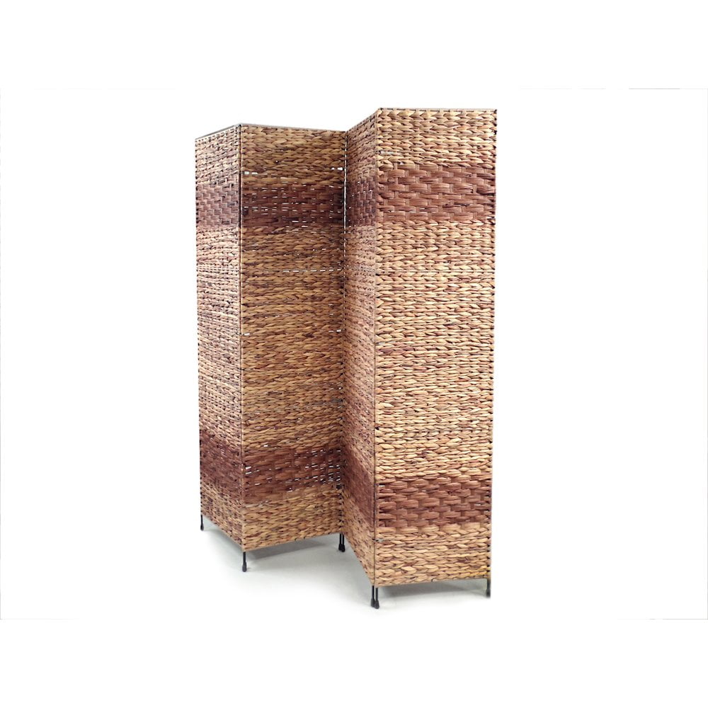 Proman Products Jakarta-B 4 Panel Folding Screen Room Divider Metal Frame with Water Hyacinth Inserts Natural Color with Espresso Bands