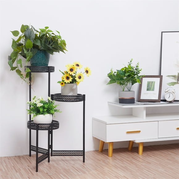 UNHO 3-Potted Plante Stand Intérieur Extérieur Noir Pot de Fleurs Étagères pour la Décoration de Jardin à la Maison