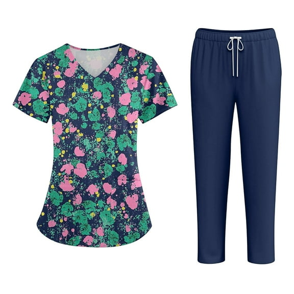 Scrubs for Women Scrub Set - Fashion Floral Print Workwear Relax Fit V-Neck Top Long Pants Easy Care Uniform Dark Green L