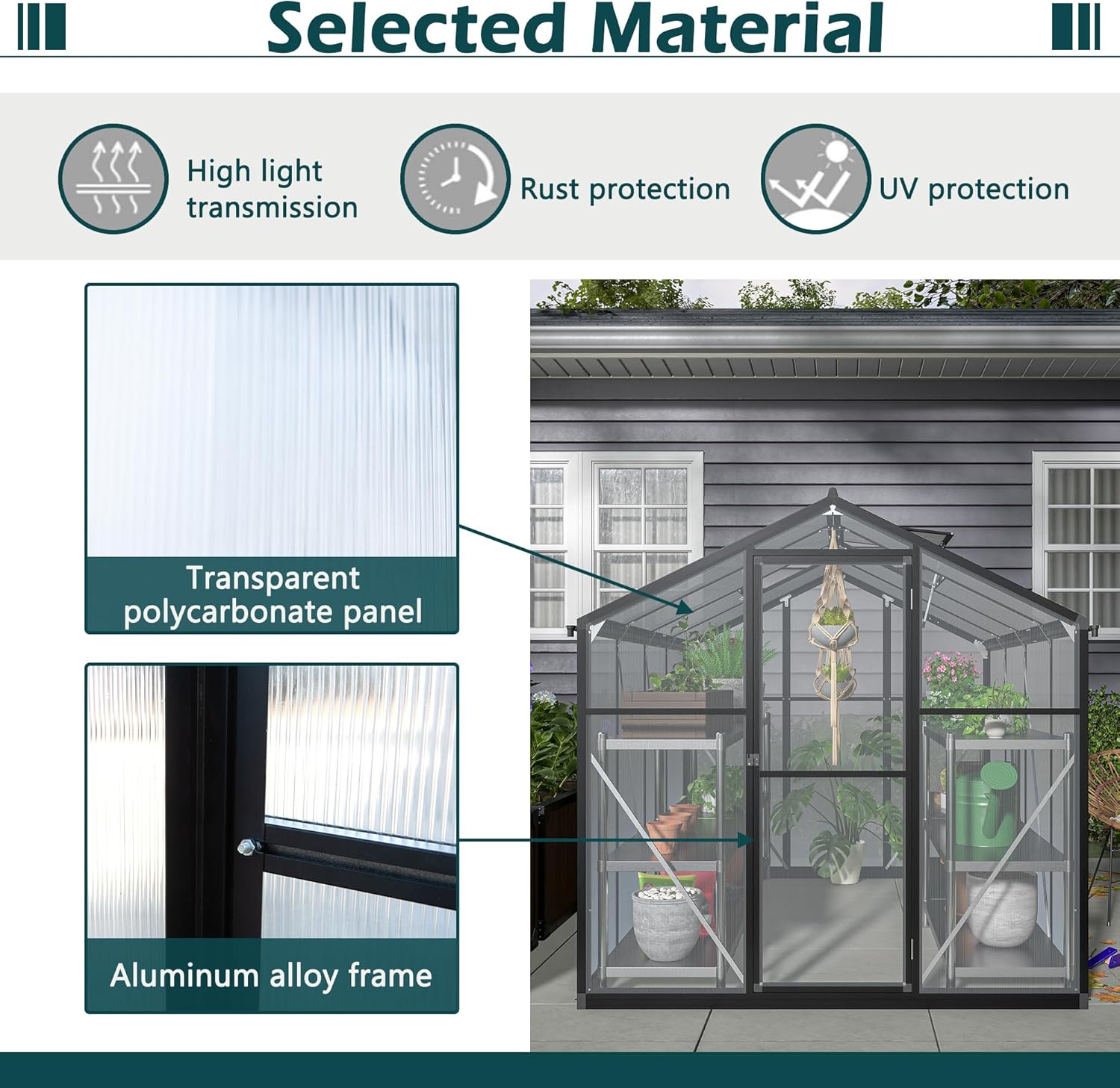 TRAMULL 6x8 ft Polycarbonate Greenhouse for Outdoors, Upgraded Heavy Duty Aluminum Frame Walk-in Green House Garden Adjustment Roof Vent,Hinged Door,Rain Gutter