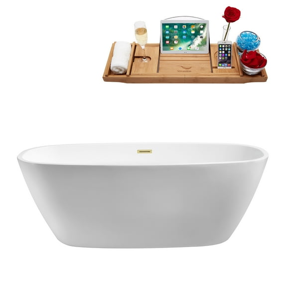 67" Streamline N701PBR Soaking Freestanding Tub and Tray With Internal Drain in Polished Brass