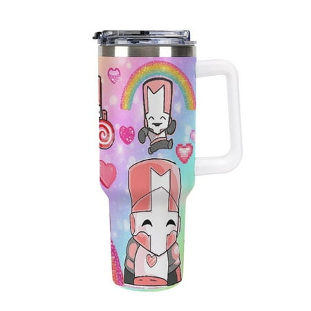 

Castle Crashers Pink Knight 40oz Water Bottle Fits in Cup Holder Stainless Steel Insulated Tumbler with Handle Straw Car Cup