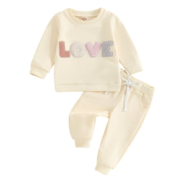 2-Piece Unisex Beige Kids Outfit Set - LOVE Themed Kids Track Suit, Soft 100% Polyester, Casual Wear for 0-3 Years,Size 18 Months
