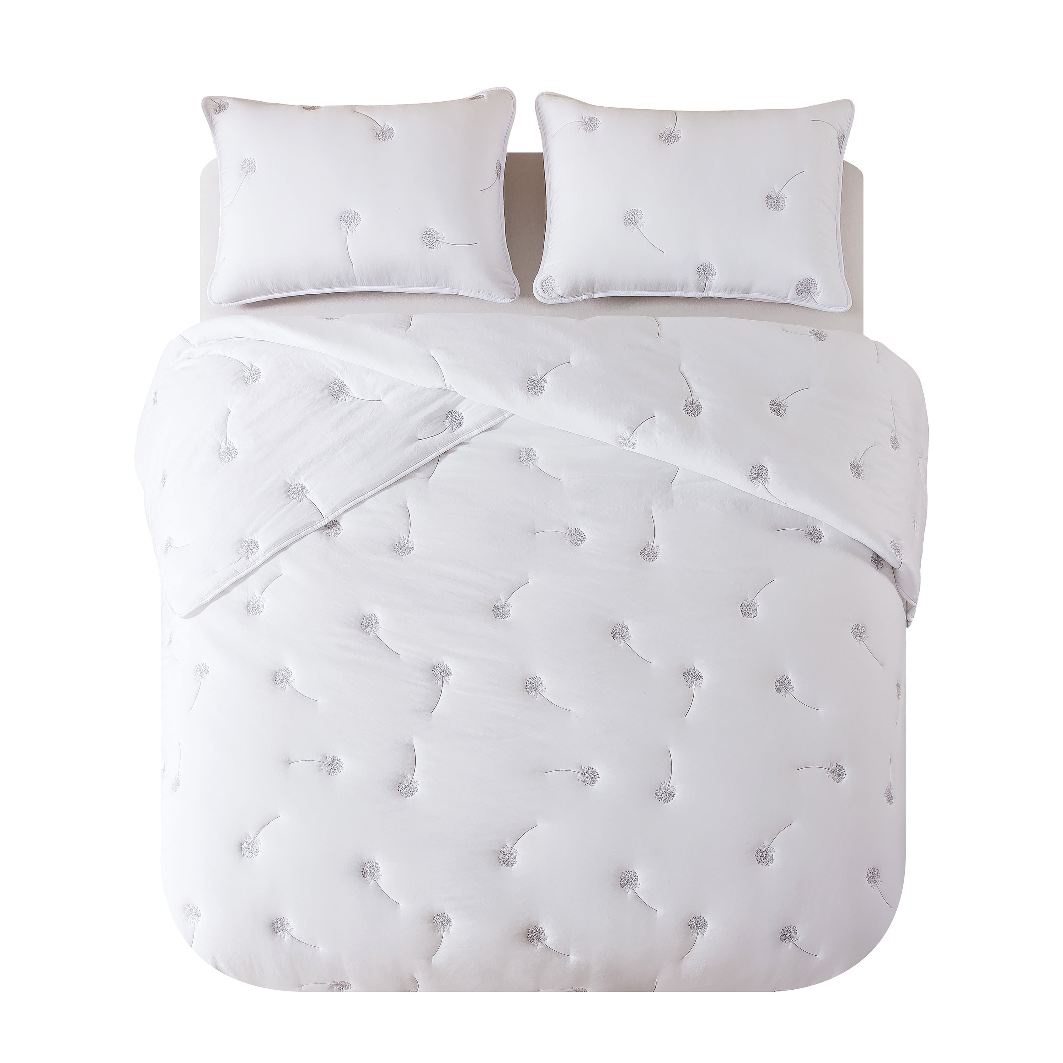 NSH by New Sega Home, 3-Piece Comforter Set, Embroidered Dandelion, White, Bed in a Bag, Full/Queen