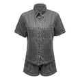 thumbnail image 6 of Women's Vintage Denim Shirt, Short Sleeve Button Down Shirt with Chest Pockets, Relaxed Fit Casual Jean Top, Summer Denim Shacket and Oversized Jean Shirt-Gray, 6 of 6