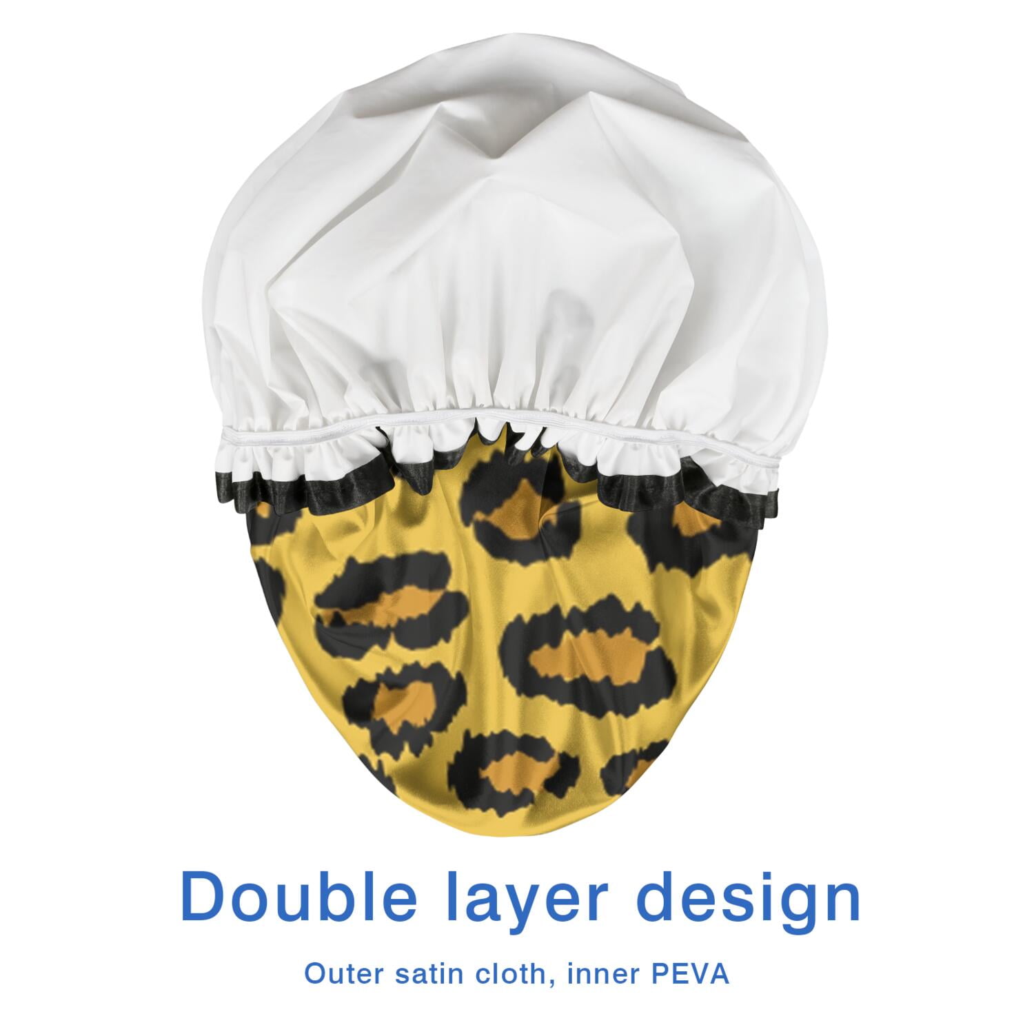 Shower Caps,Yellow and Black Of Leopard Print Waterproof Shower Cap for Women 4 Pieces,Double Reusable Hair Cover for Shower PEVA Elastic Stretch Hem