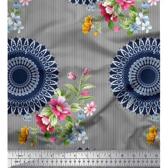 Soimoi Polyester Crepe Fabric Stripe,Floral & Mandala Print Sewing Fabric Yard 42 Inch Wide