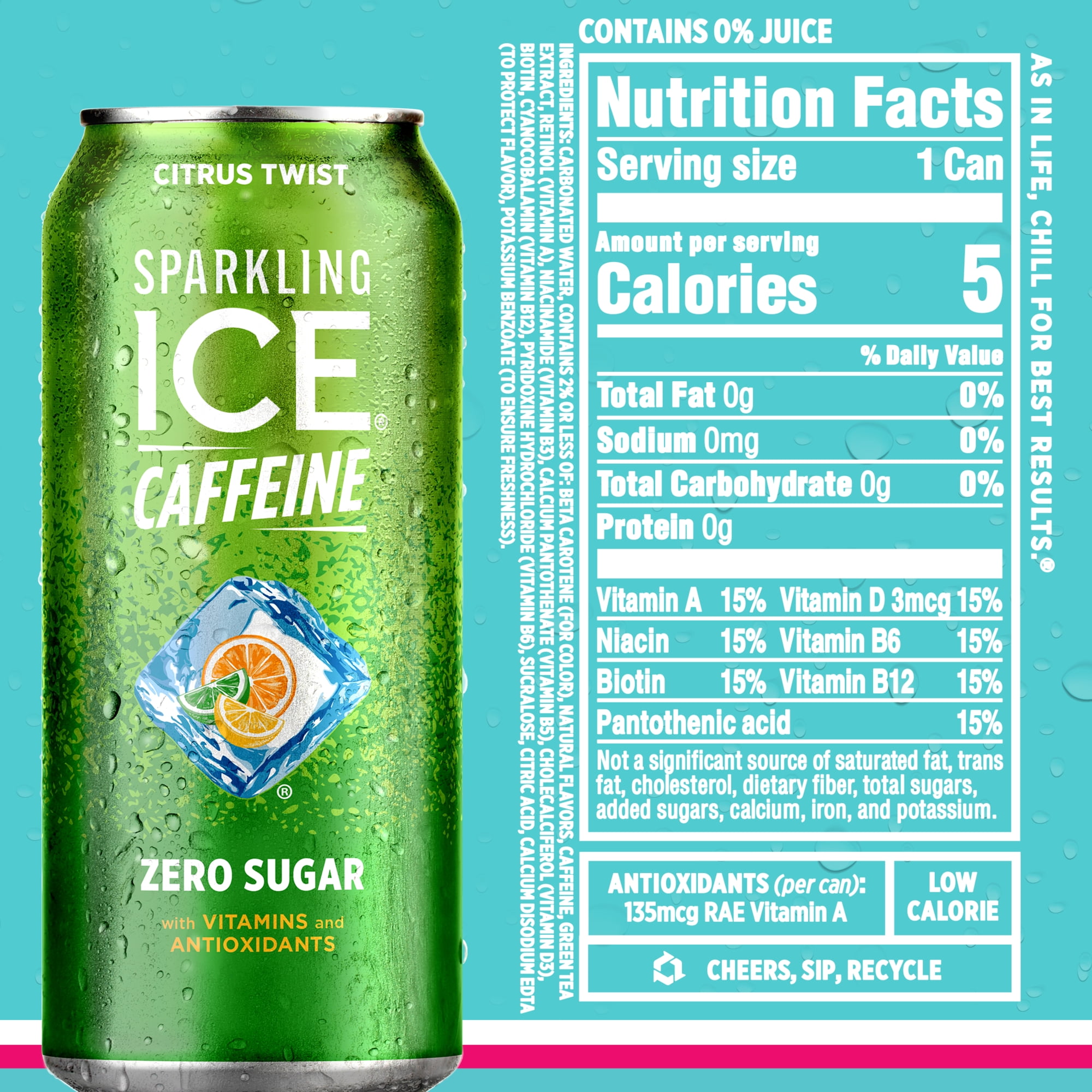 Sparkling Ice Caffeine, Variety 12 PK: Black Raspberry/Blue Raspberry/Strawberry Citrus/Citrus Twist, 16oz