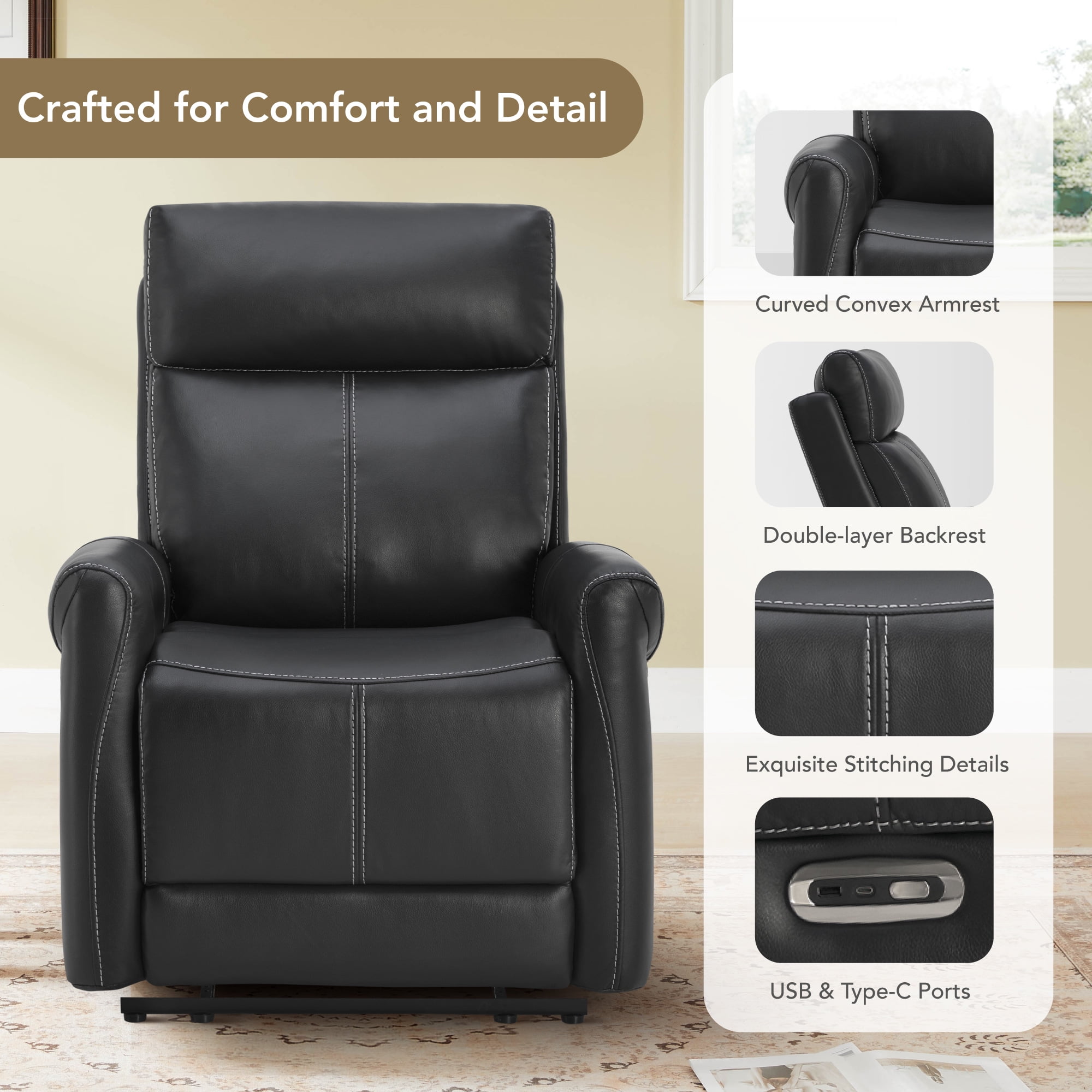 Spruce & Spring Wall Hugger Power Recliner with Three Positions, Black