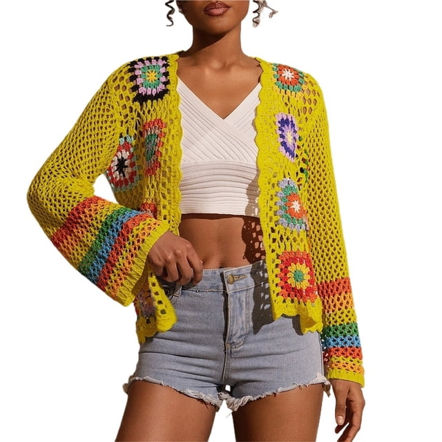 Cárdigans florales de ganchillo for mujer, cárdigan bohemio con abertura frontal, suéter, Tops de manga larga, moda Primavera Verano