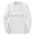 thumbnail image 2 of Wild Bobby My God Is Stronger Than Breast Cancer White Distressed Breast Cancer Awareness Men Long Sleeve Shirt, White, Large, 2 of 6