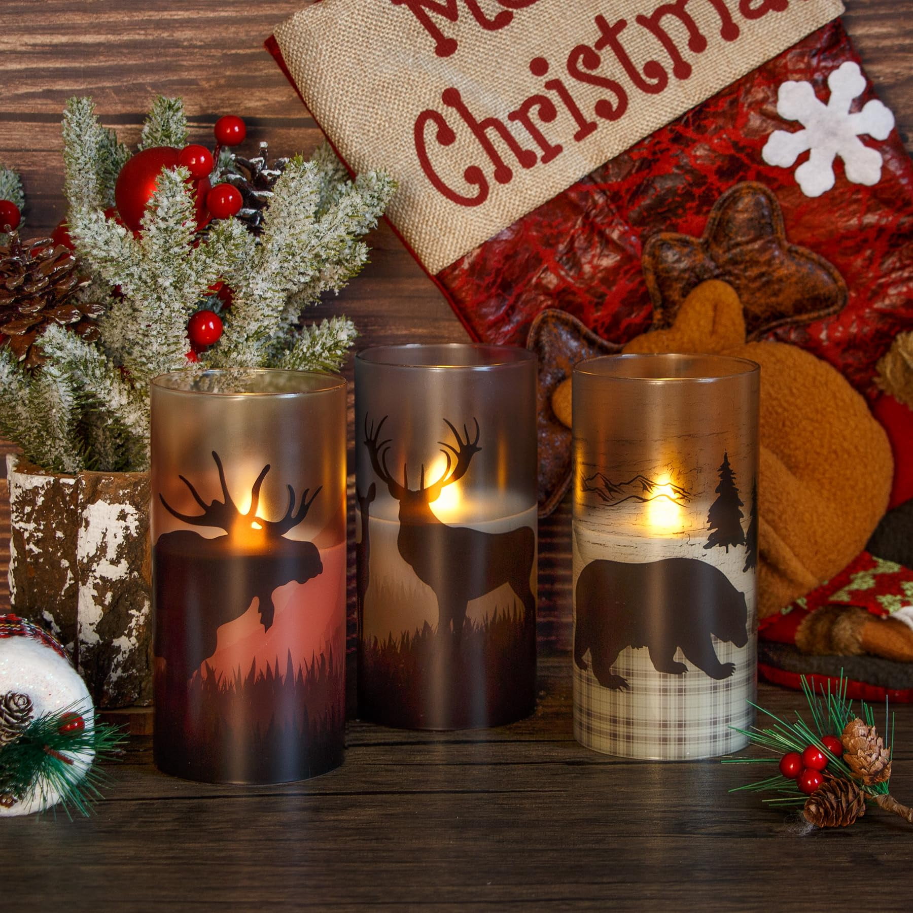 Mavandes 3pcs Flameless Led Real Glass Remote Candles with Deer Moose Bear Decal, 3 x 6 inches Flickering Battery Operated Timer Pillar Candles