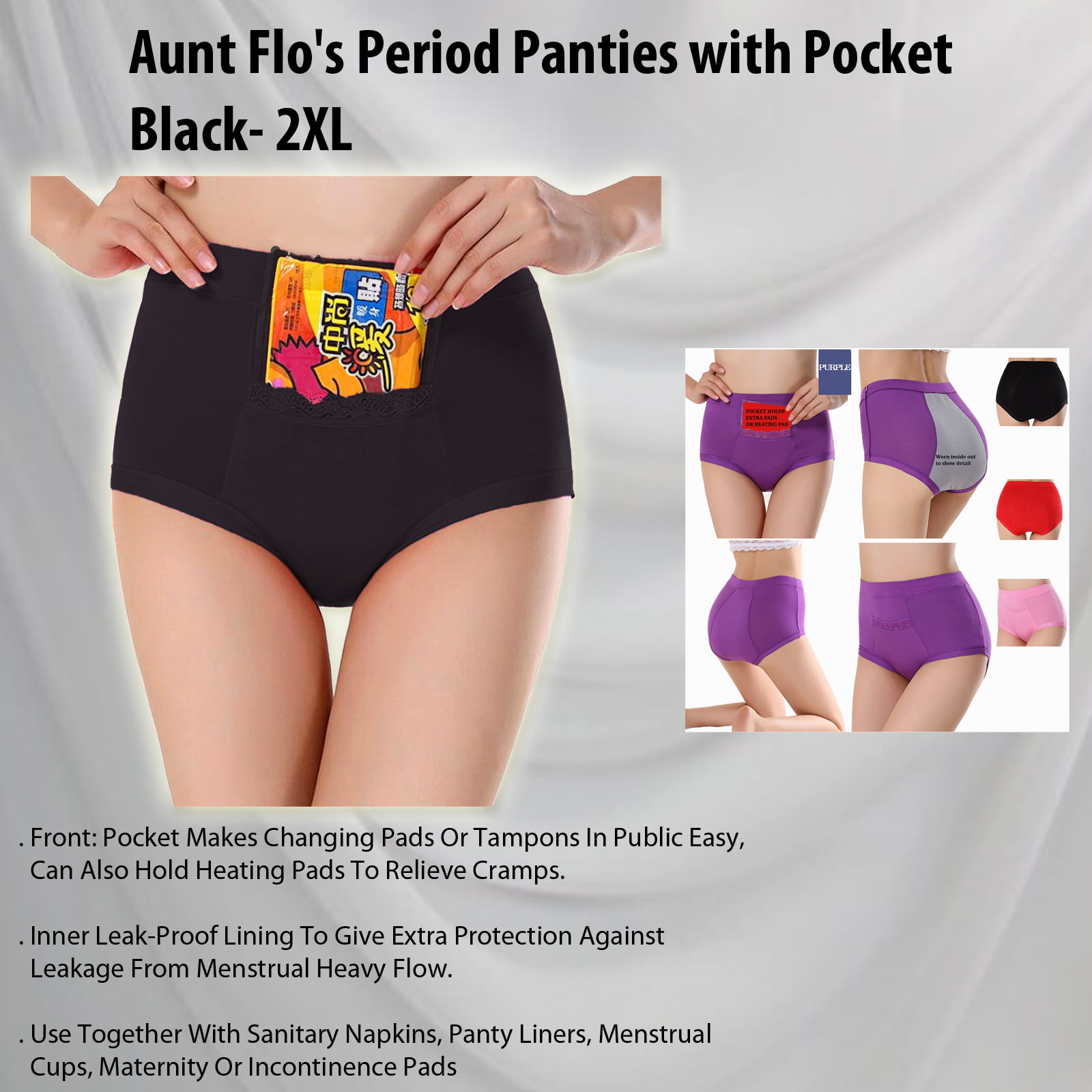 Code Red CODE RED Period Panties with Pocket- Black- 2XL Black