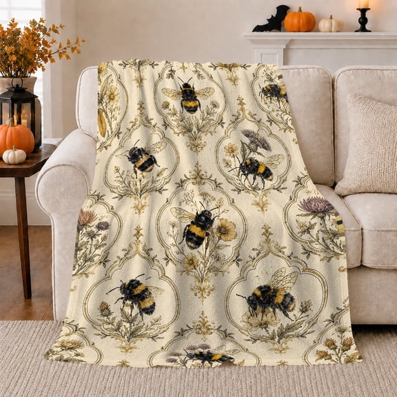 Bumblebees with Wildflowers, Vintage Botanical Style for Garden Lovers, Bumblebee Floral Pattern, Cozy Flannel Blanket for Living Room and Bedroom, Birthday Gift and Cottage Home Decor