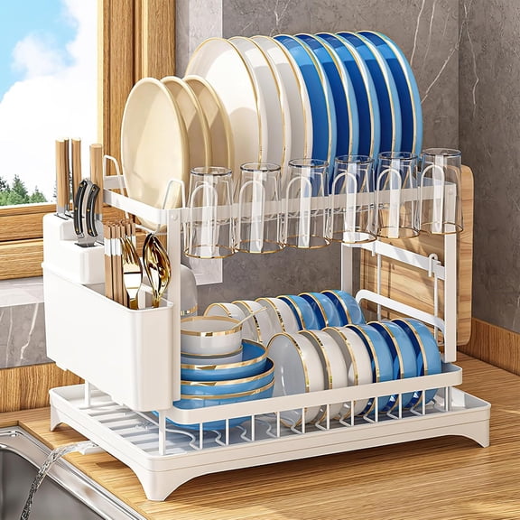 Complete Dish Drying Rack Set: Adjustable Rust-Proof Drainer with Removable Cutlery Caddy & Swivel Spout | White Countertop Space-Saving Organizer for Kitchen