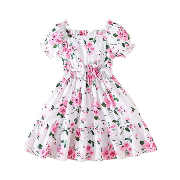 Toddler Baby Girls Summer Floral Dress Kids Puff Sleeve Square Neck Smocked Flowy Sun Dresses 3 7 Years 5de Dresses