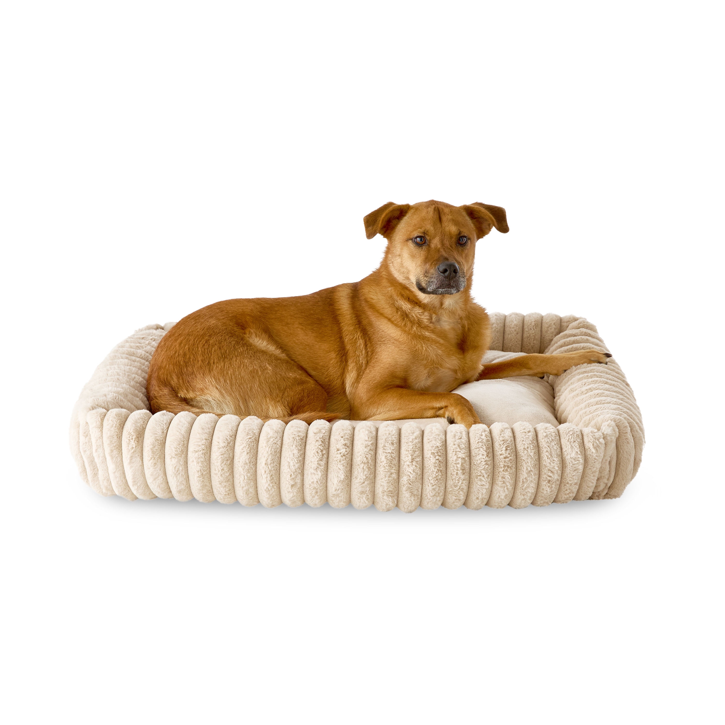 Vibrant Life Large Thick Corduroy Plush Bolster Dog Bed, Tan, 27" x 36"