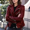 thumbnail image 2 of Faux Leather Jacket for Women, Vegan Jackets Moto Biker Motocycle Coat Wine Red 5XL, 2 of 3