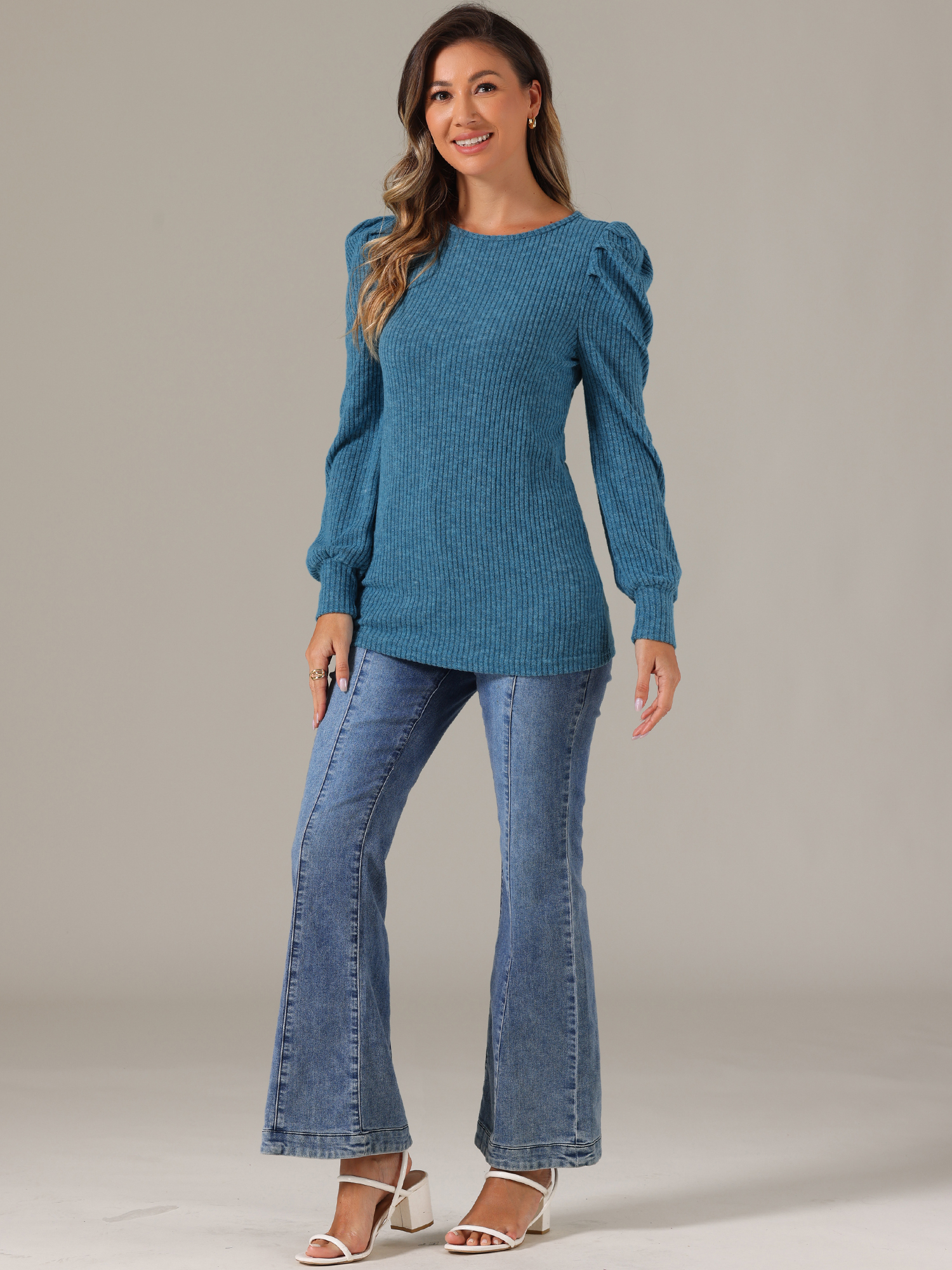 DARING DIVA Women's Puff Long Sleeve Tunic Tops Knit Crew Neck Shirt Blue S