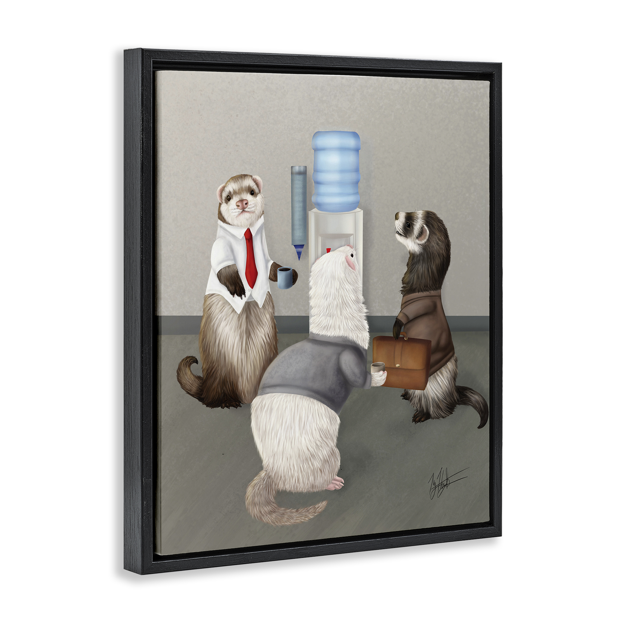 Stupell Industries Office Ferrets Water Cooler Animals & Insects Painting Black Floater Framed Canvas Art Print Wall Art, 17 x 21