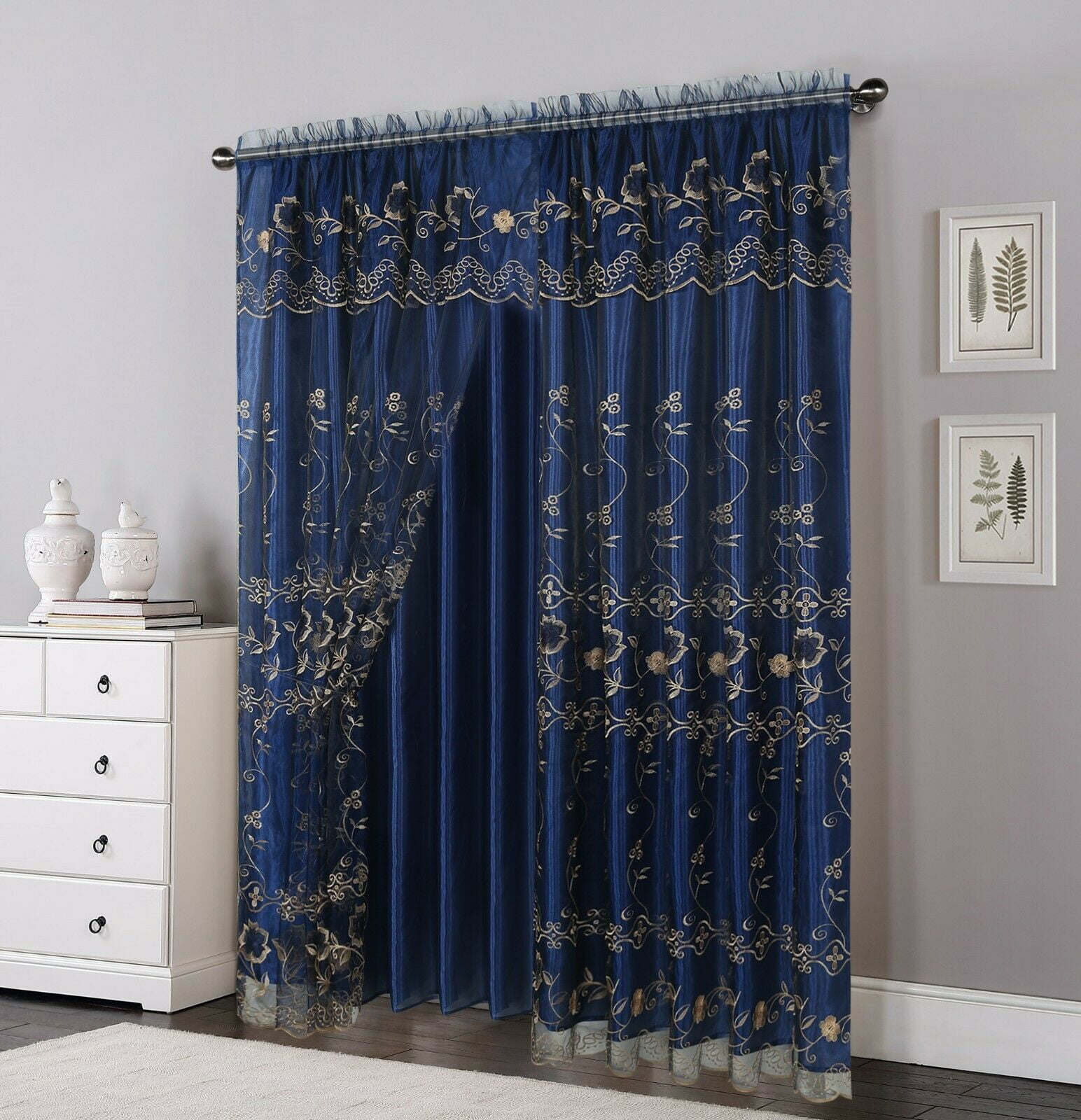 2 Layers Voile Sheer Embroidered Rod Pocket Window Curtain Panel and