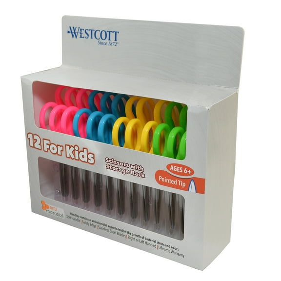 Westcott 5" Kids Scissors, Anti-Microbial, for School, Assorted Colors, 12-Count, Preschool Age.
