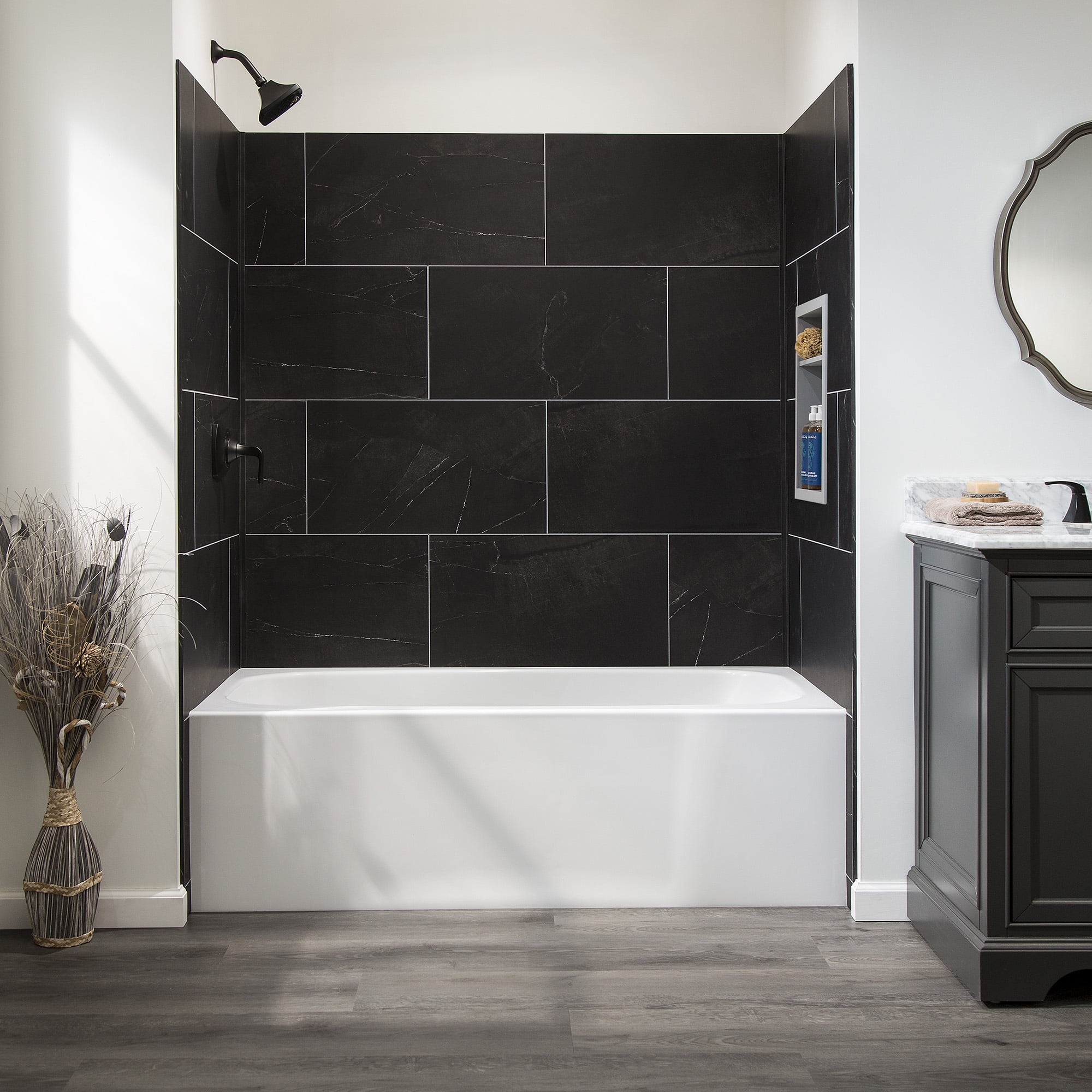 Palisade 25.6in x 14.8in Vinyl Wall Tile Shower Kit in Black Ice