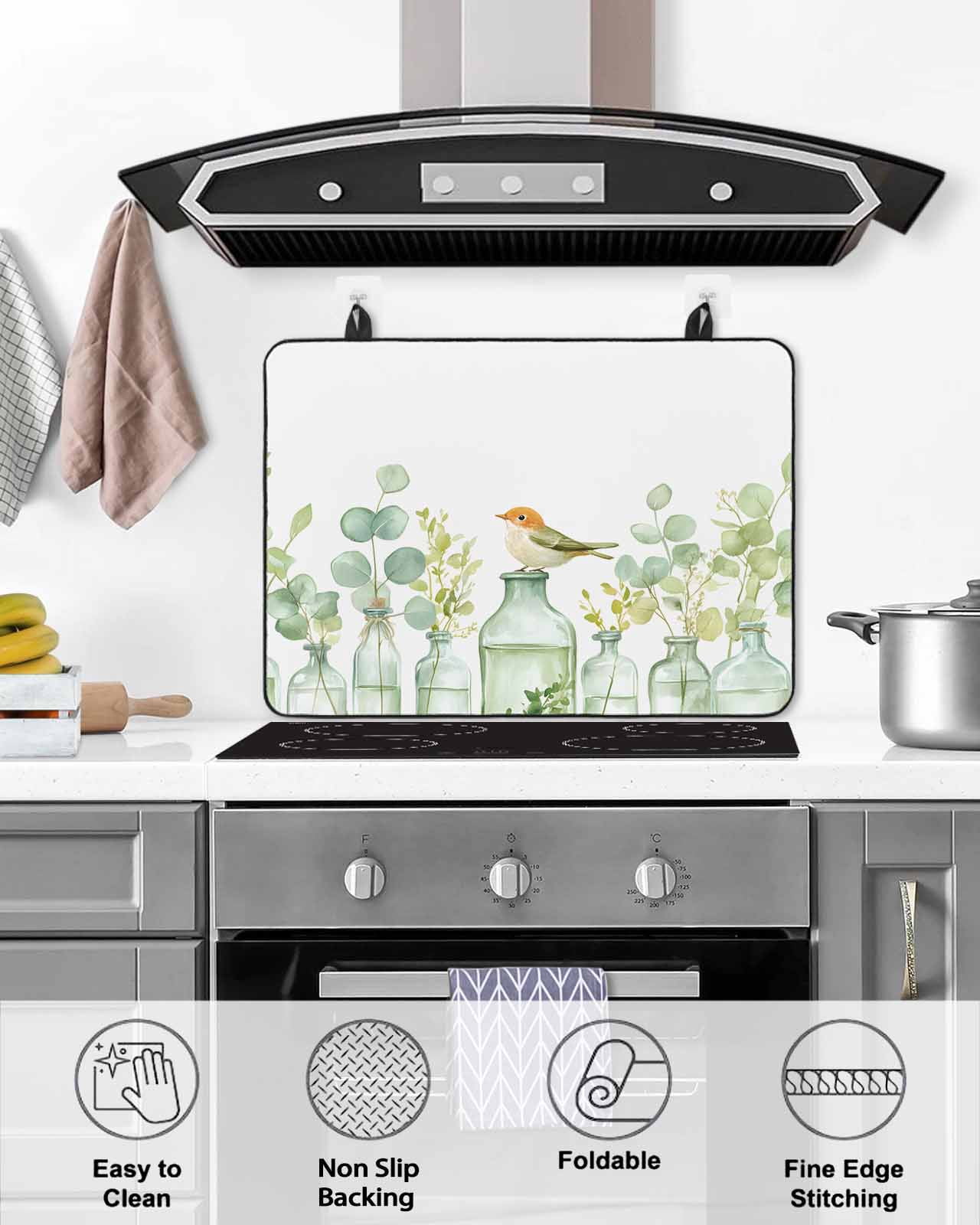 nqOlkjepod Large Induction Cooktop Protector Mat 24"x21", Spring Eucalyptus Stove Top Covers for Electric Stove, Birds Green Leaf Vase Watercolor Stove Burner Cover Mats, Glass Top Stove Cover