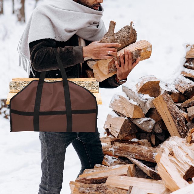 IFANLANDOR Wood Carrier Bag crafted from durable coffee-colored Oxford cloth, designed for carrying firewood outdoors. The rectangular tote features sturdy double handles, a spacious interior, and a self-tightening strap for secure bundling. Ideal for garden work, camping, or as a firewood rack cover during the Christmas season. Foldable for easy storage and cleaning.