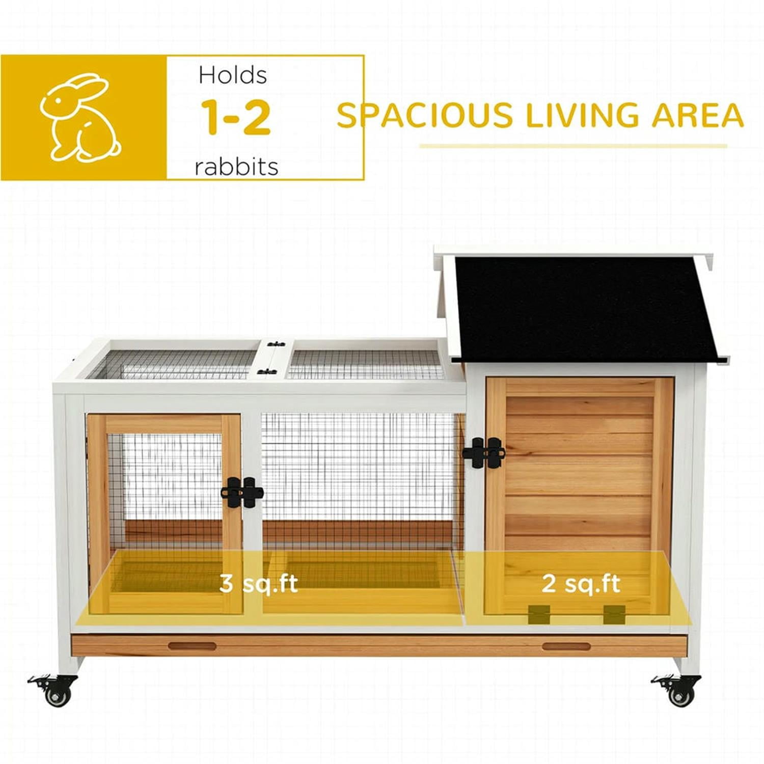 resenkos 42.5" Wooden Rabbit Hutch with Wheels and Slide-out Tray, Outdoor Small Animal Habitat Enclosure Bunny Cage for Bunnies, Guinea Pigs, Yellow