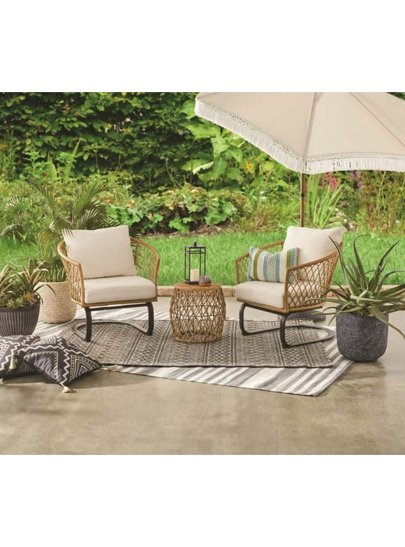 Better Homes & Gardens Ventura 3-Piece White Outdoor Boho Wicker Chat Set, Wicker Frame