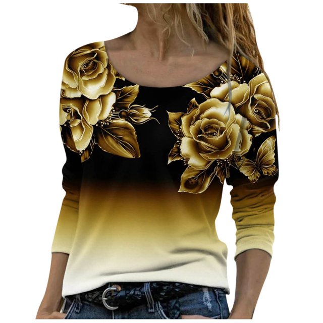 Tunique Décontractée à Manches Longues et Col Rond pour Femmes, Ample et Confortable, Blouse Vintage Imprimée Mode Automne, T-Shirts pour Dames A1