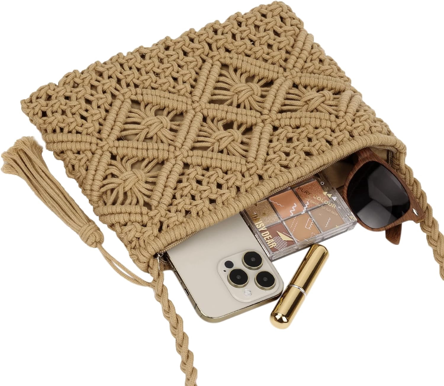 Women Crochet Shoulder Bag Handmade Woven Beach Crossbody Handbag Satchel Purse with Tassel for Summer